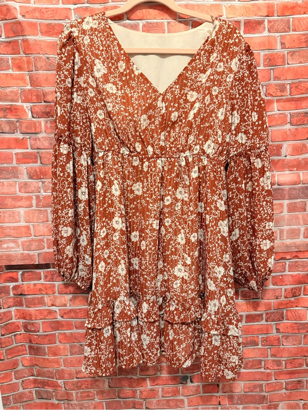 Rust Floral Long Sleeve Tiered Mini Dress